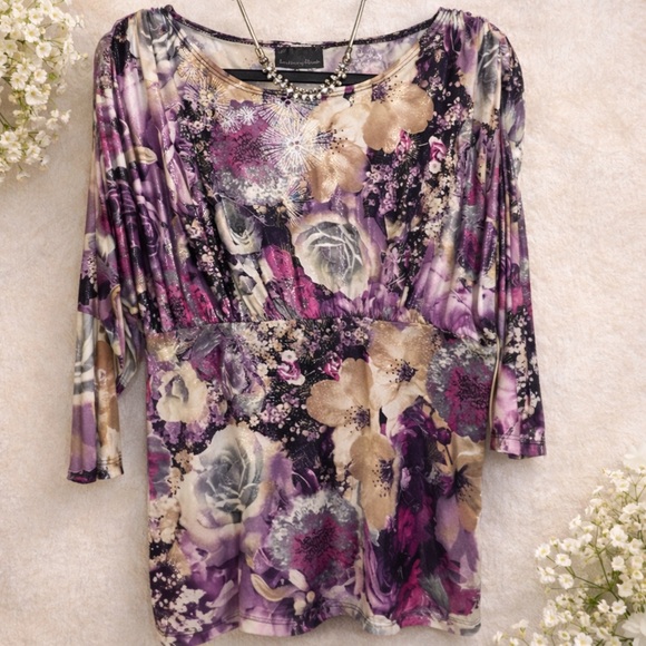 Brittany Black Tops - Purple & Tan Floral Blouse with Shimmery Accents
